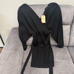 Black Ribbed Wrap Dress